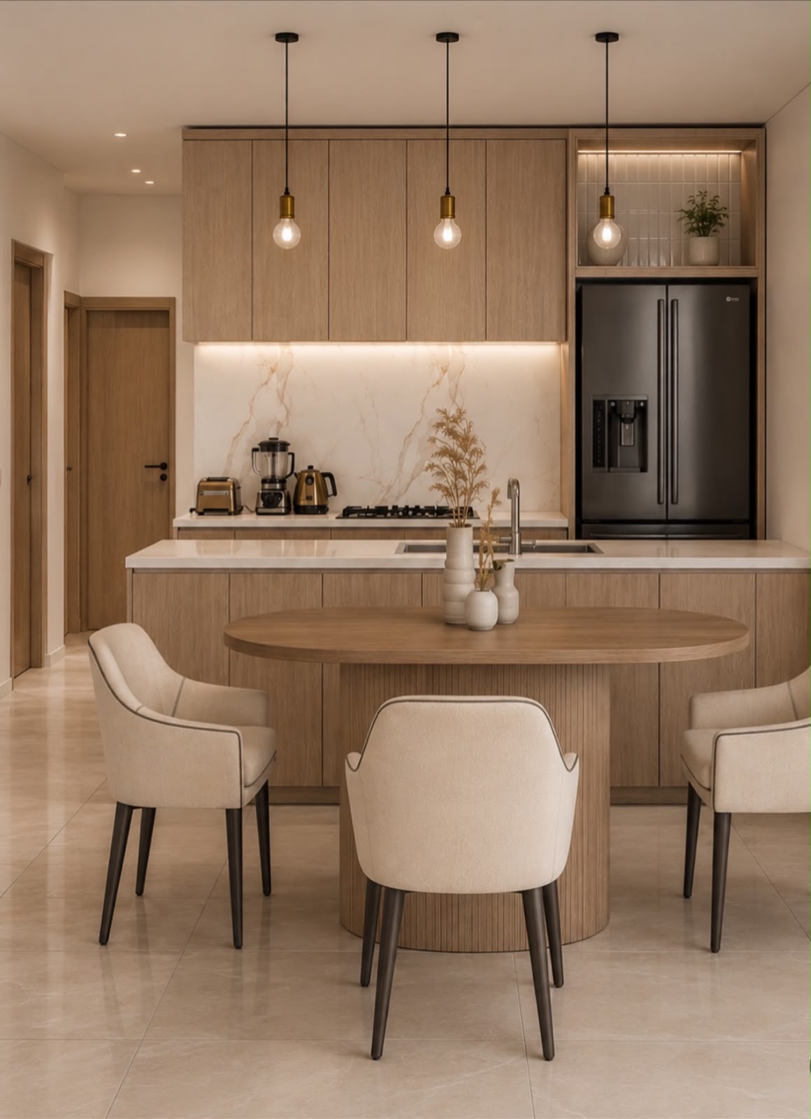 Diseño interior de cocina y comedor en tonos cálidos