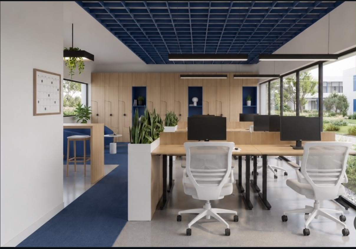 Diseño interior de oficina con mobiliario integrado